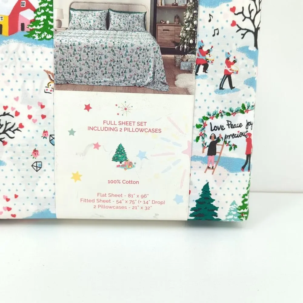 CATH KIDSTON Full Sheet Set Shine Bright Cream White Christmas Flat Fit Pillow